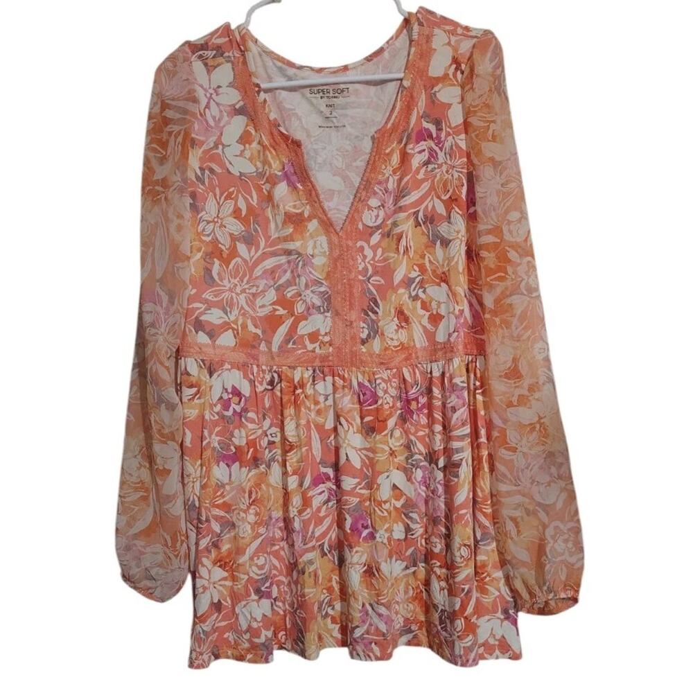 Torrid Shirt Size 2 2X Super Soft Peach Flowers Pink Lace Sheer Long Sleeves